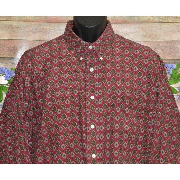 VTG Cambridge Mens XXL Maroon Burgundy Corduroy Geometric Print Button Up Preppy - Picture 2 of 8